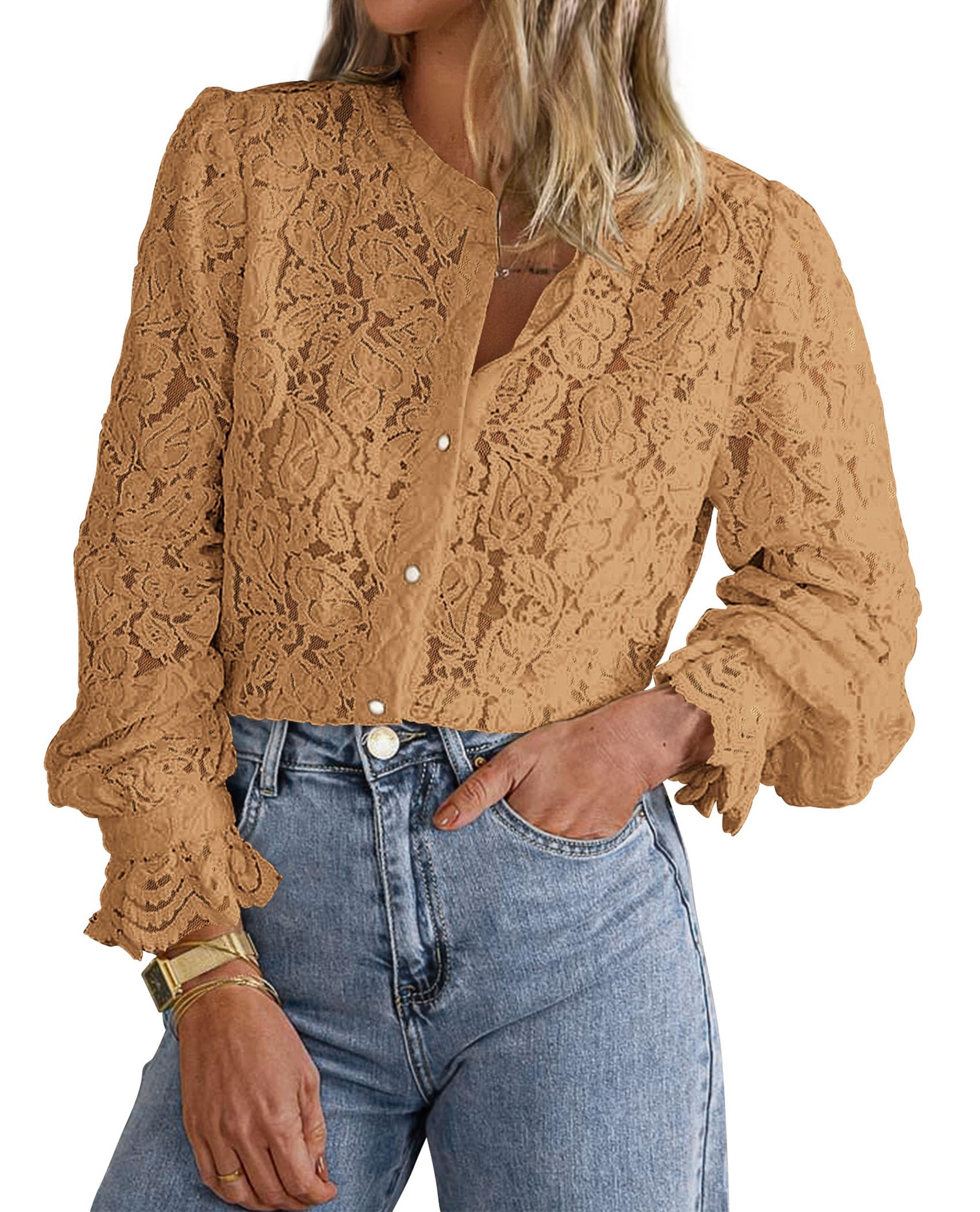 PRETTYGARDEN Women's Dressy Casual Lace Blouse Long Sleeve Button Up Shirts Tops Spring Fall Fashion Clothes