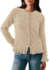 PRETTYGARDEN Womens Fall Button Down Cardigans Chunky Knit Ruffle Open Front Cropped Cardigan Sweaters Soft Long Sleeve Tops