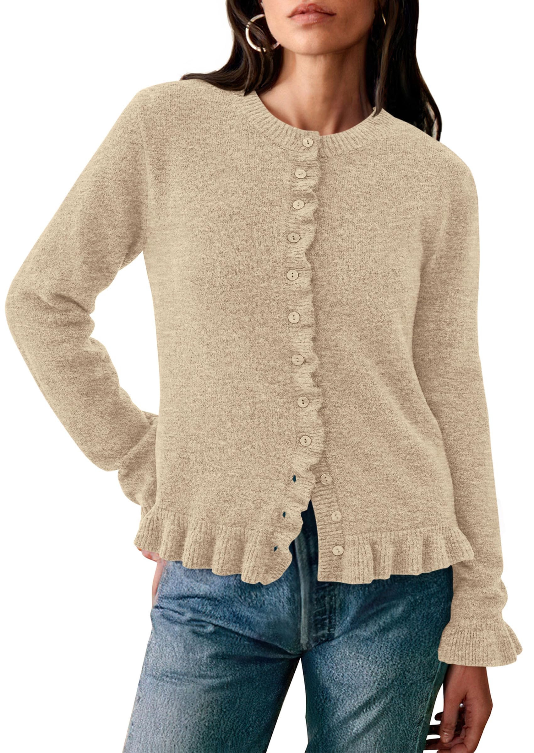 PRETTYGARDEN Womens Fall Button Down Cardigans Chunky Knit Ruffle Open Front Cropped Cardigan Sweaters Soft Long Sleeve Tops