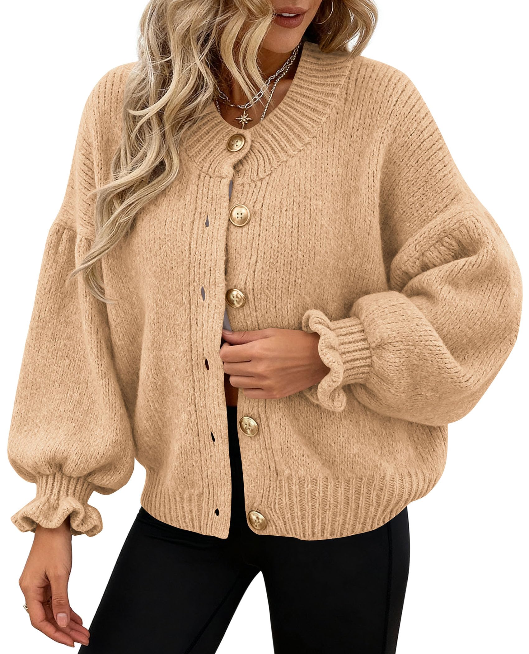 PRETTYGARDEN Womens Cropped Cardigans Trendy PRETTYGARDEN Long Sleeve Cropped Sweaters for Women Ruffle Oversized CardiganRuffle Open Front Chunky Knit Sweater Oversized Button Down Fall Clothes PRETTYGARDEN