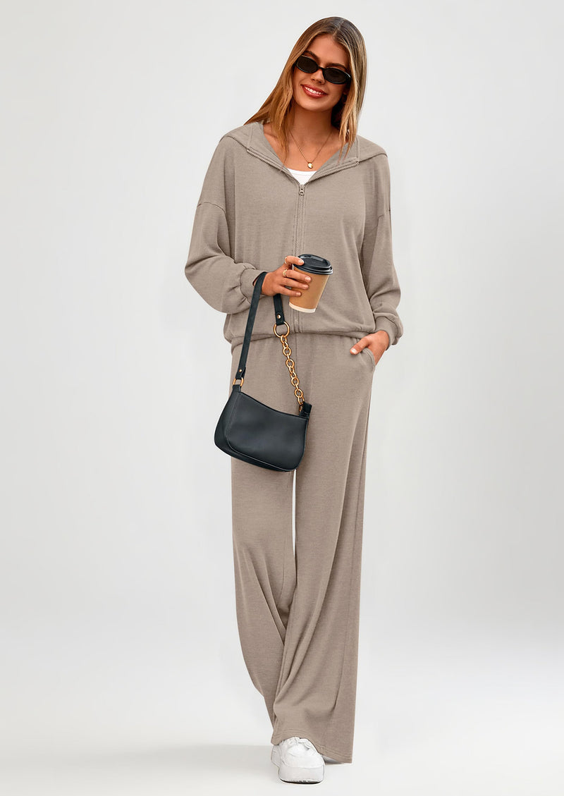PRETTYGARDEN Women's 2 Piece Fall Lounge Sets Zip Up Hoodie Wide Leg Pants Tracksuit Matching Travel Outfits Clothes