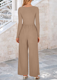 Solid Color Casual Long Sleeve Wide Leg Pants Jumpsuits