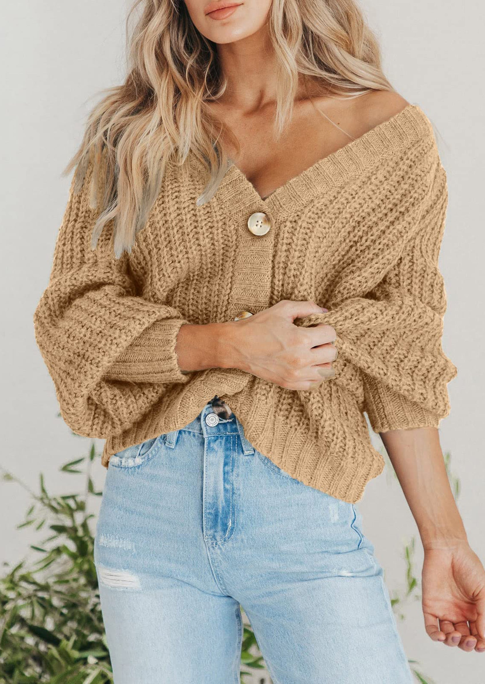 PRETTYGARDEN Women's Chunky Knit Open Front Sweater Long Sleeve Button Loose Short Cardigan Outerwear Coats