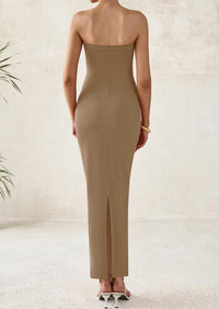 Strapless Tube Bodycon Ruched Slit Maxi Dresses