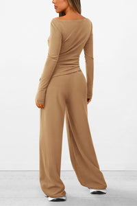 Asymmetrical Long Sleeve T-Shirt Wide Leg Pants Casual 2 Piece Sets