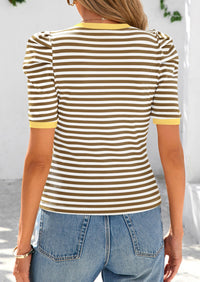 Puff Sleeve Casual Ribbed Knit Color Block Striped Pullover T-shirts
