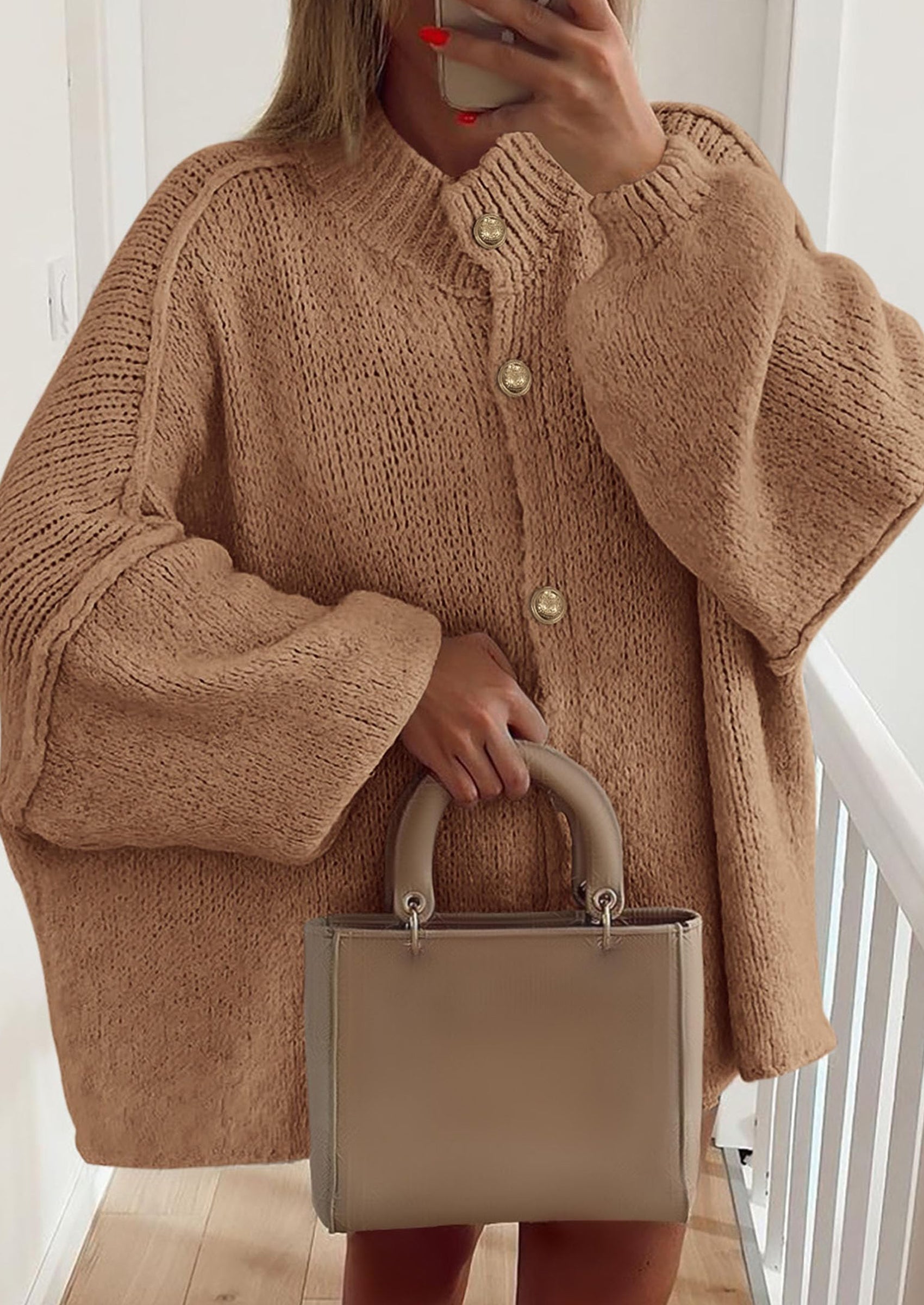 PRETTYGARDEN Women's Winter Button Down Cardigan Sweaters Mock Neck Lantern Long Sleeve Chunky Knit Jacket Trendy Outerwear