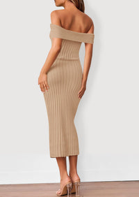 Off The Shoulder Elegant Ribbed Knit Bodycon Wedding Guest Sweater Midi Dresses