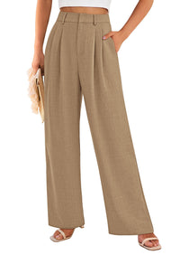 Elastic High Waisted Straight Leg Business Trousers Slacks With Pockets