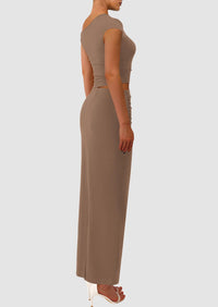 One Shoulder Sleeveless Ruched Slit Bodycon Two Piece Skirt Set