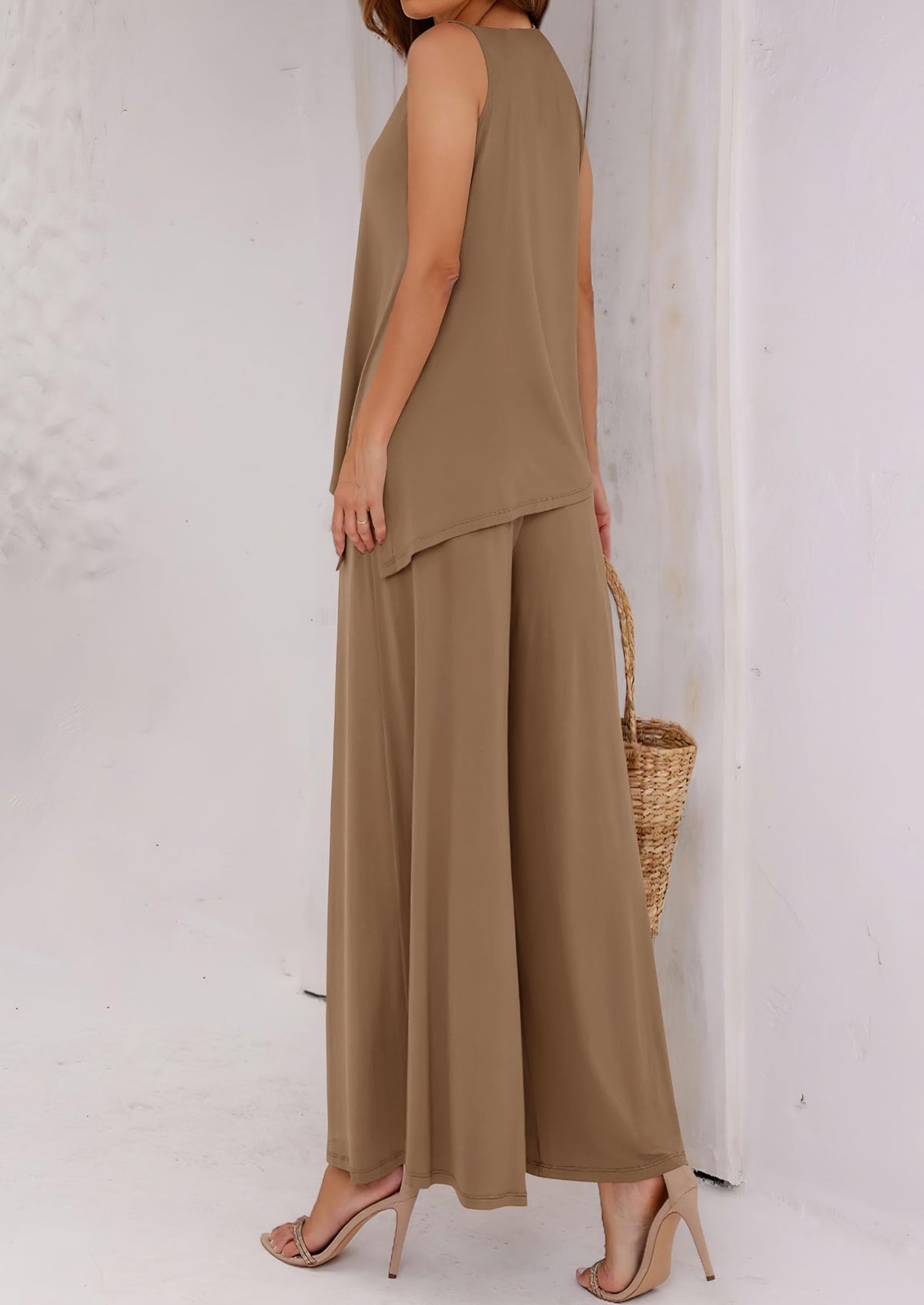 Asymmetrical Split Tank Tops Wide Leg Pants  Two Piece Sets