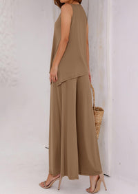 Asymmetrical Split Tank Tops Wide Leg Pants  Two Piece Sets