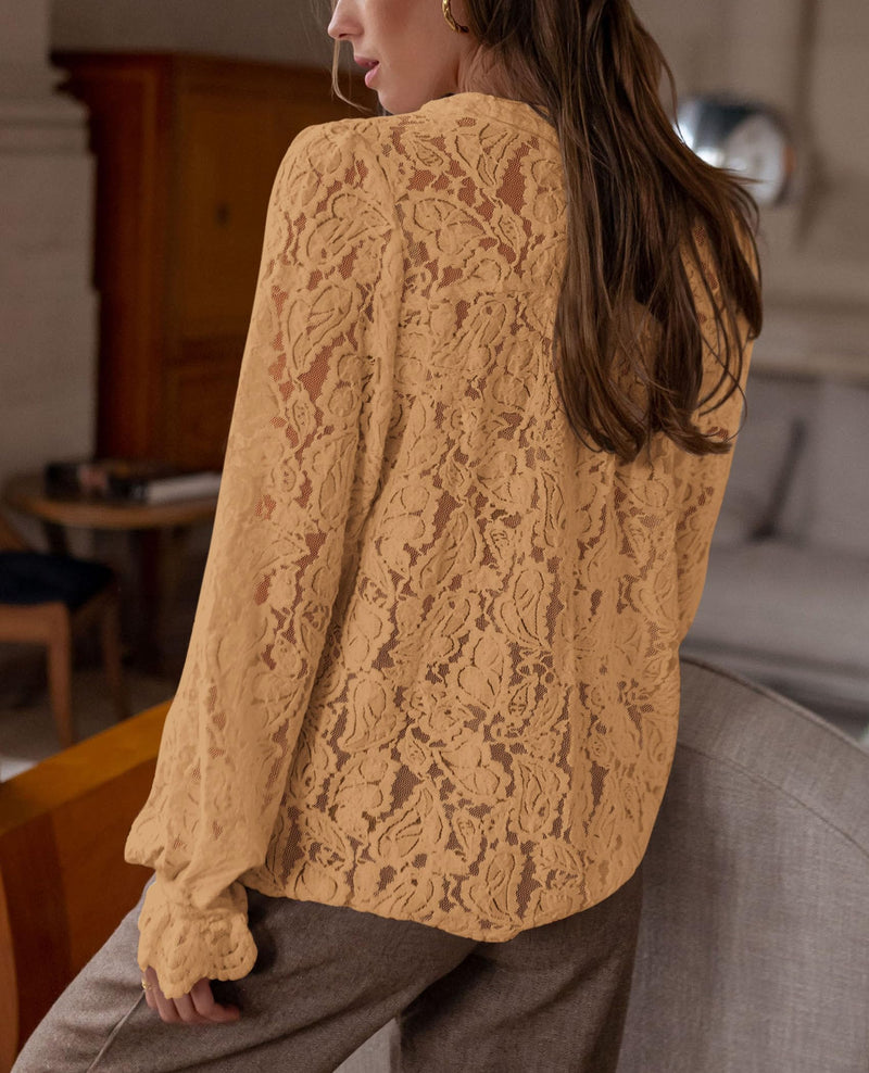 PRETTYGARDEN Women's Dressy Casual Lace Blouse Long Sleeve Button Up Shirts Tops Spring Fall Fashion Clothes