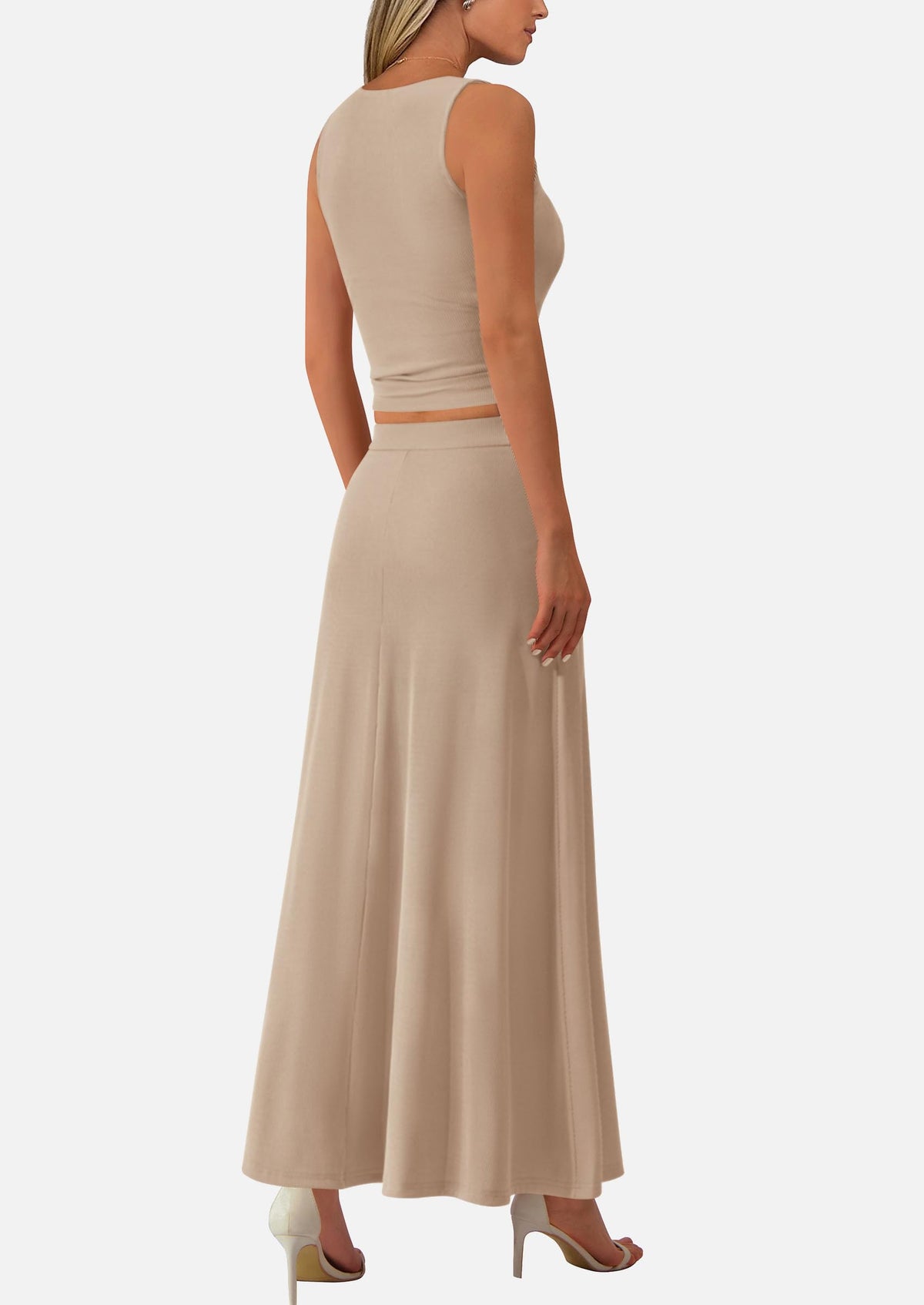 Crop Tank Top Flowy Midi Skirts Ribbed Knit Casual Two Piece Skirt Set