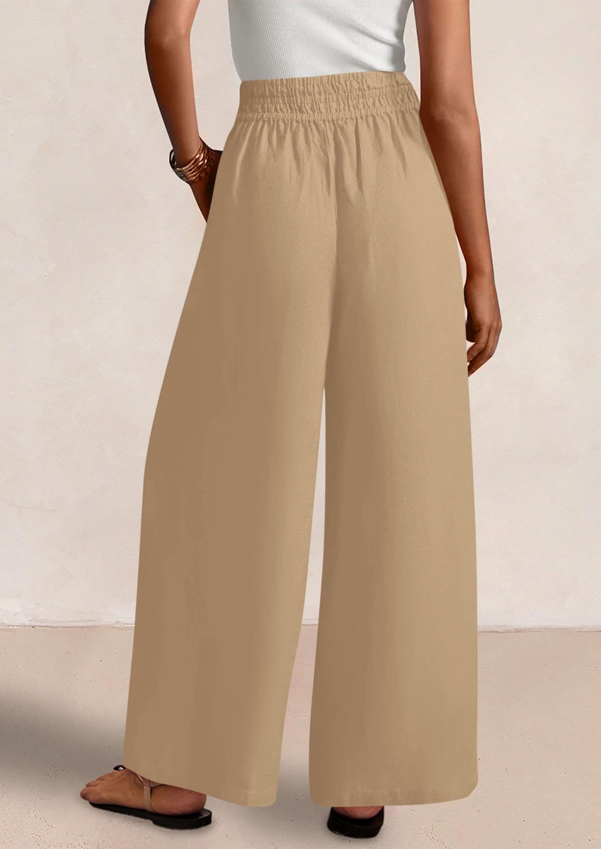 Casual Elastic Waist Loose Flowy Palazzo Pants Trousers with Pockets