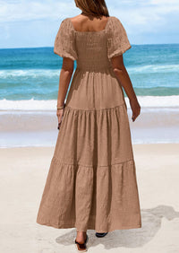 Puff Short Sleeve Square Neck Smocked Tiered Ruffle A Line Flowy Beach Maxi Dresses