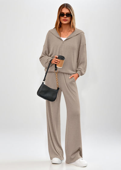 PRETTYGARDEN Women's 2 Piece Fall Lounge Sets Zip Up Hoodie Wide Leg Pants Tracksuit Matching Travel Outfits Clothes