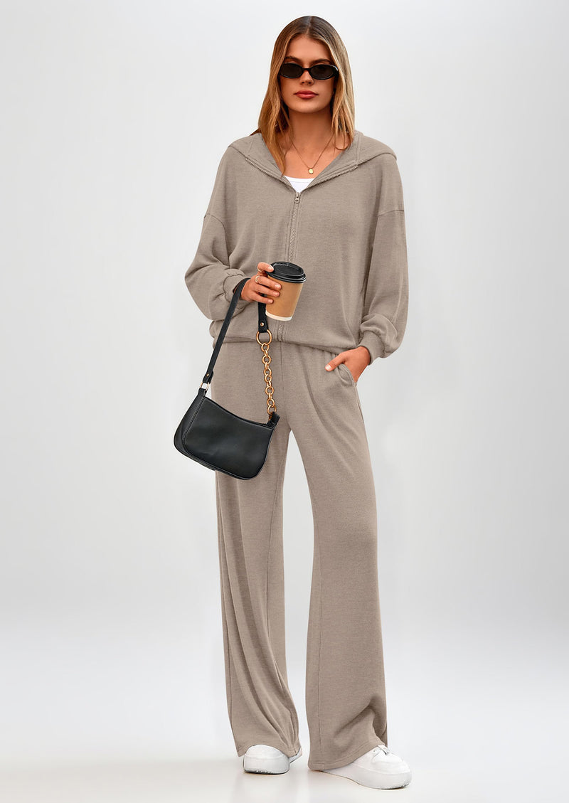 PRETTYGARDEN Women's 2 Piece Fall Lounge Sets Zip Up Hoodie Wide Leg Pants Tracksuit Matching Travel Outfits Clothes