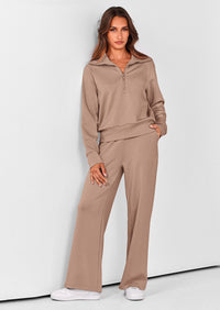 PRETTYGARDEN Women's 2 Piece Outfits Casual Lapel Half Zip Sweatshirts And Wide Leg Pants Tracksuit Sets