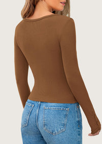 Long Sleeve Henley Ribbed Knit Button Up Slim Fitted Basic Casual T-shirts