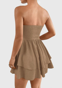 Strapless Tube  Off Shoulder Smocked Ruffle A Line Mini Dress