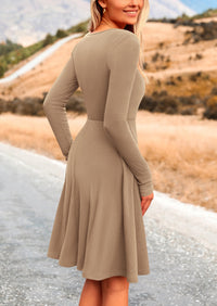 Ribbed Knit Crew Neck Long Sleeve A-Line Flowy Casual Elegant Mini Dresses
