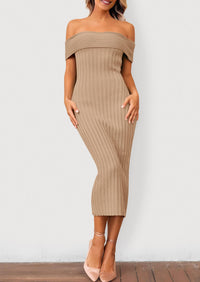 Off The Shoulder Elegant Ribbed Knit Bodycon Wedding Guest Sweater Midi Dresses