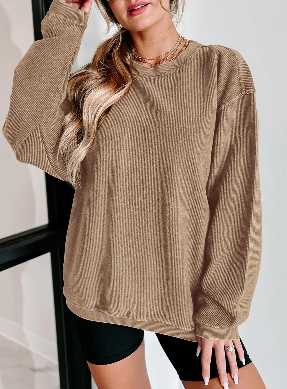 Ribbed Corduroy Crew Neck Long Sleeve Loose Fit Casual Oversized Sweatshirt