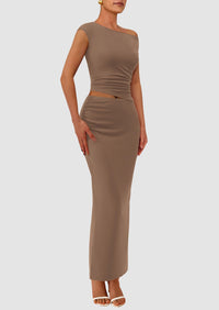 One Shoulder Sleeveless Ruched Slit Bodycon Two Piece Skirt Set