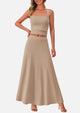 Crop Tank Top Flowy Midi Skirts Ribbed Knit Casual Two Piece Skirt Set