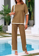 Casual Short Sleeve Knit Sweater Tops Wide Leg Pants 2 Piece Sets