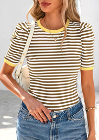 Puff Sleeve Casual Ribbed Knit Color Block Striped Pullover T-shirts