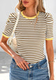 Puff Sleeve Casual Ribbed Knit Color Block Striped Pullover T-shirts