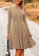Ribbed Knit Crew Neck Long Sleeve A-Line Flowy Casual Elegant Mini Dresses