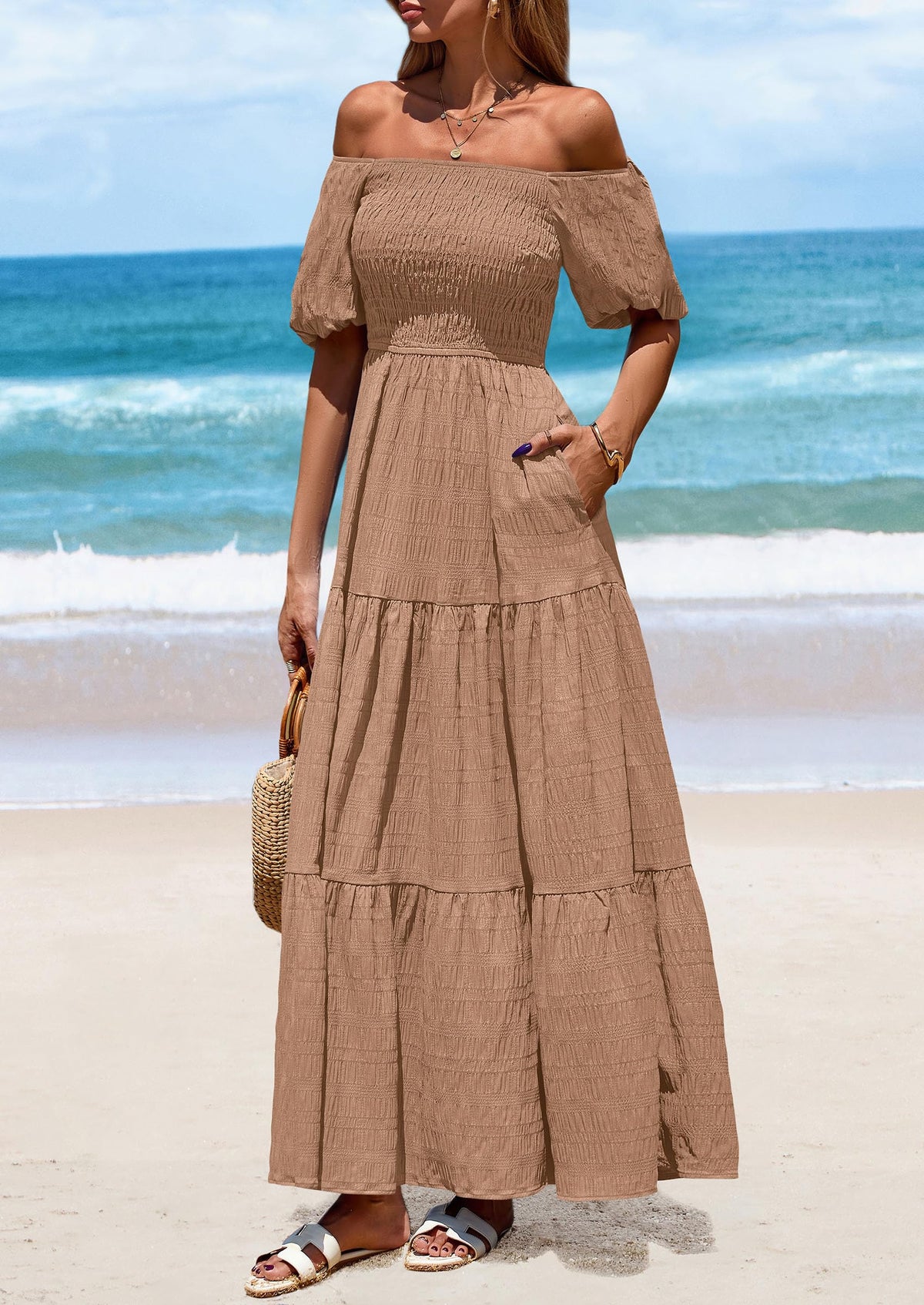 Puff Short Sleeve Square Neck Smocked Tiered Ruffle A Line Flowy Beach Maxi Dresses