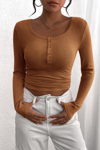 Long Sleeve Henley Button Down Ribbed Knit Slim Fit Casual T-shirts