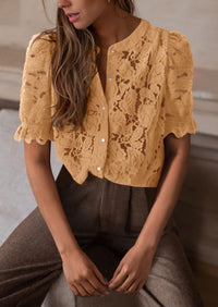 Lace Puff Sleeve Casual Dressy Eyelet Crew Neck Button Down Blouses
