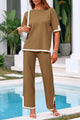 Casual Short Sleeve Knit Sweater Tops Wide Leg Pants 2 Piece Sets