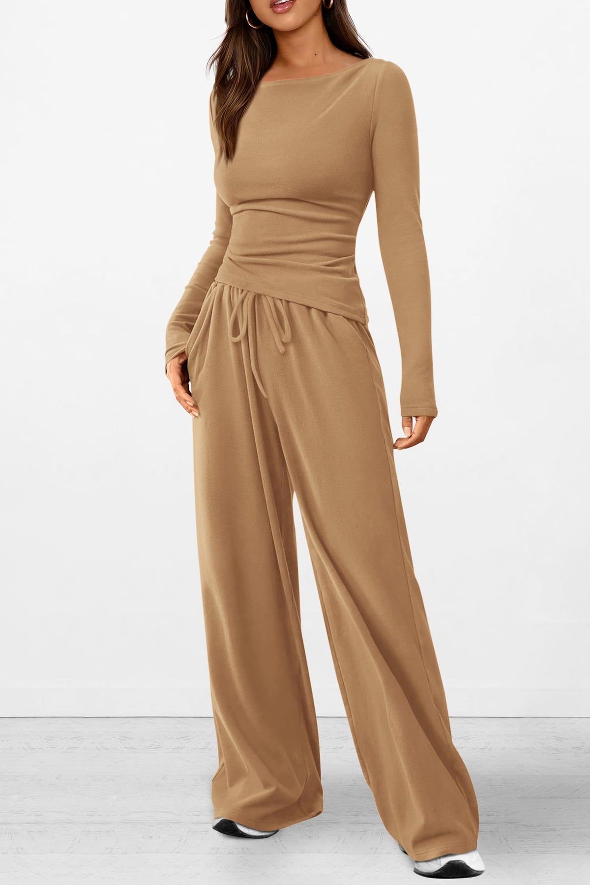Asymmetrical Long Sleeve T-Shirt Wide Leg Pants Casual 2 Piece Sets