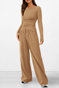 Asymmetrical Long Sleeve T-Shirt Wide Leg Pants Casual 2 Piece Sets