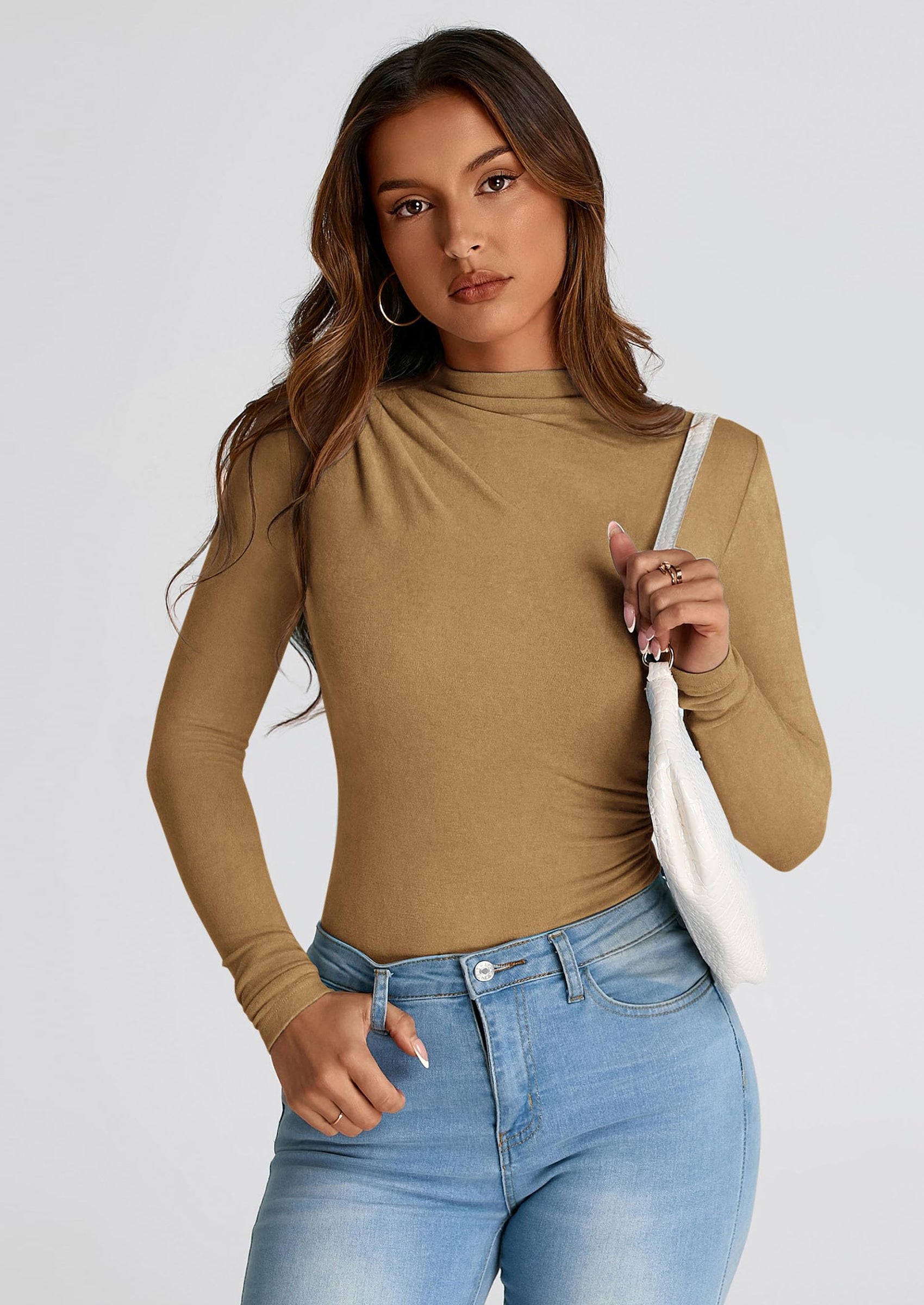PRETTYGARDEN Womens Fall Y2K Going Out Crop Tops Long Sleeve Mock Neck Ruched Slim Fitted Basic Trendy Casual T Shirts Blouse