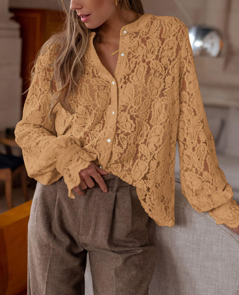 PRETTYGARDEN Women's Dressy Casual Lace Blouse Long Sleeve Button Up Shirts Tops Spring Fall Fashion Clothes