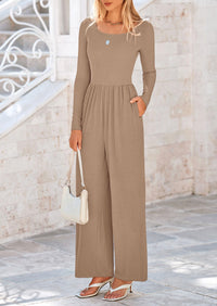 Solid Color Casual Long Sleeve Wide Leg Pants Jumpsuits