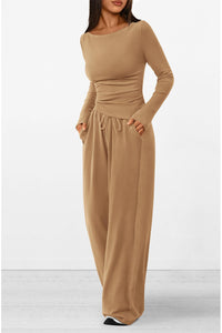 Asymmetrical Long Sleeve T-Shirt Wide Leg Pants Casual 2 Piece Sets