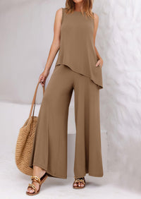 Asymmetrical Split Tank Tops Wide Leg Pants  Two Piece Sets