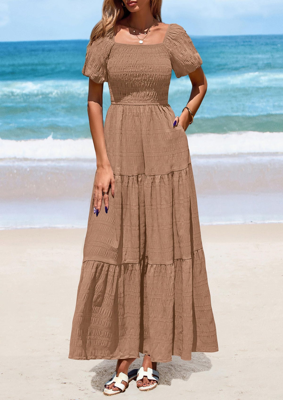 Puff Short Sleeve Square Neck Smocked Tiered Ruffle A Line Flowy Beach Maxi Dresses