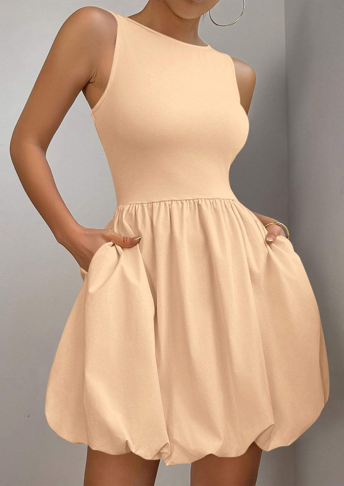 Casual Sleeveless Tank Mini Short Dress Crew Neck Bubble Dress with Pockets