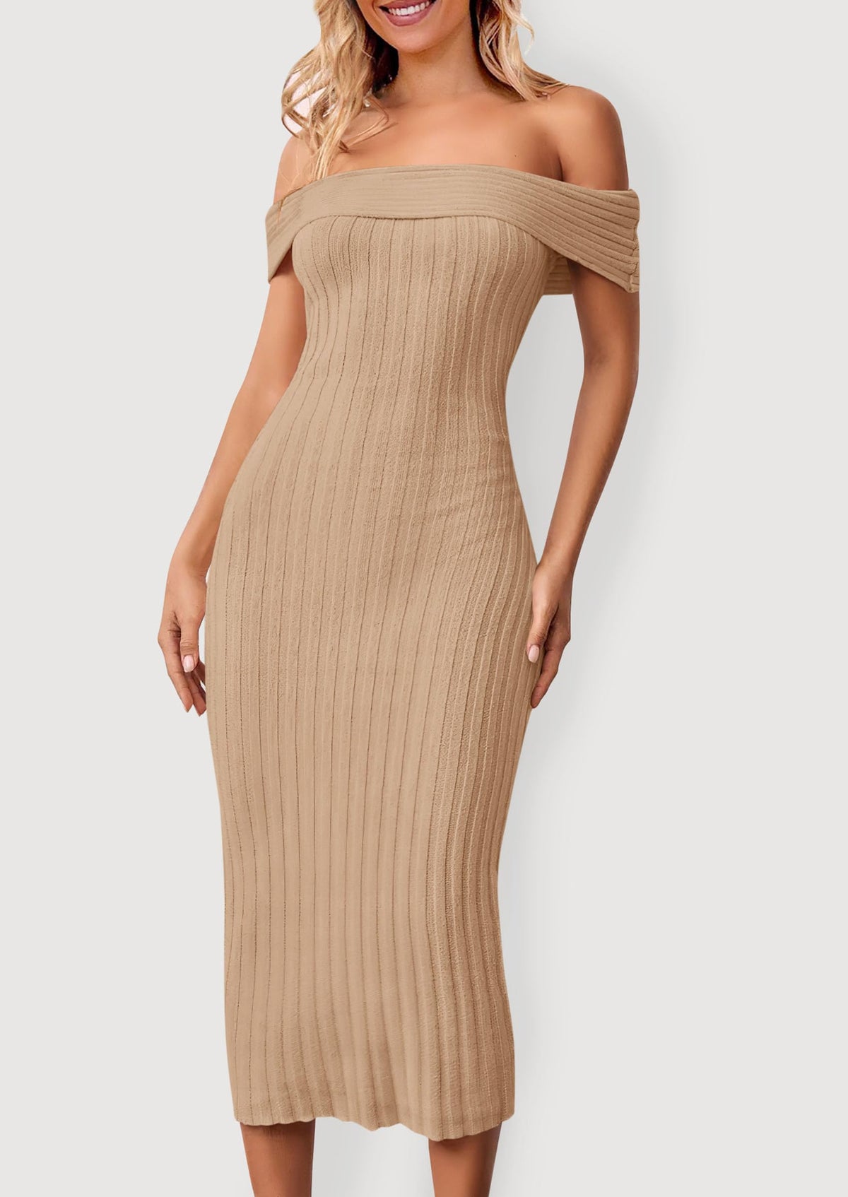 Off The Shoulder Elegant Ribbed Knit Bodycon Wedding Guest Sweater Midi Dresses