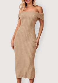 Off The Shoulder Elegant Ribbed Knit Bodycon Wedding Guest Sweater Midi Dresses