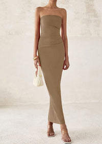 Strapless Tube Bodycon Ruched Slit Maxi Dresses